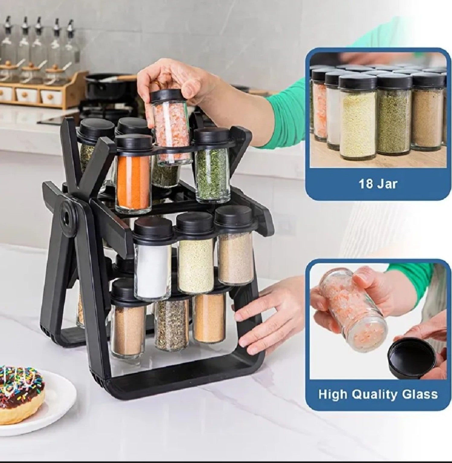 360° Rotating Spice Rack – 18 Glass Jar Kitchen Organizer Free Delivery